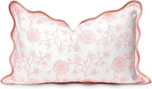 Hofdeco Premium Coastal Patio Indoor Outdoor Scalloped Lumbar Pillow Cover Only, 12"x20" Water Repellent for Backyard, Couch, Blush Pink Print Dahlia Floral
