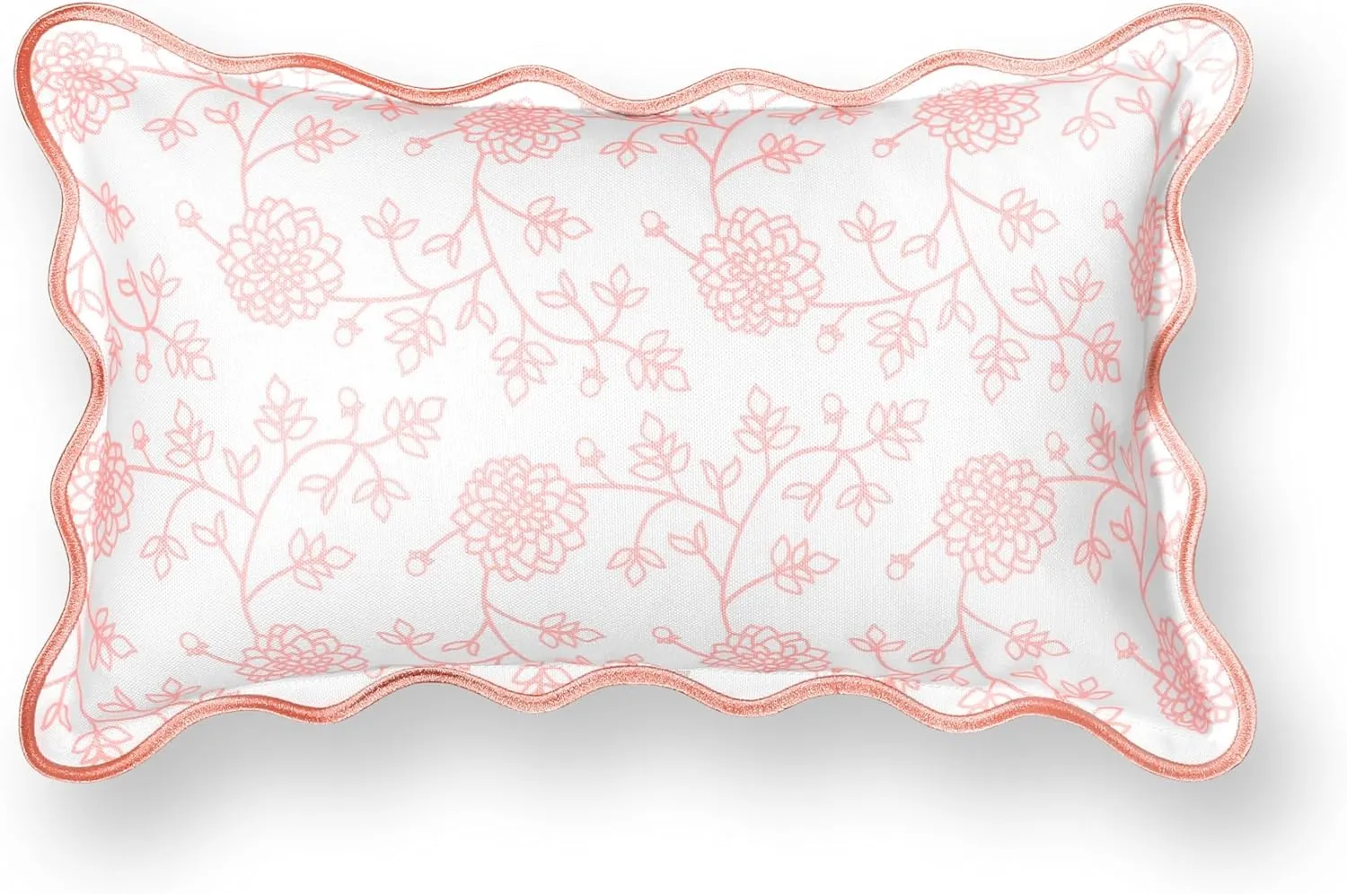 Hofdeco Premium Coastal Patio Indoor Outdoor Scalloped Lumbar Pillow Cover Only, 12"x20" Water Repellent for Backyard, Couch, Blush Pink Print Dahlia Floral