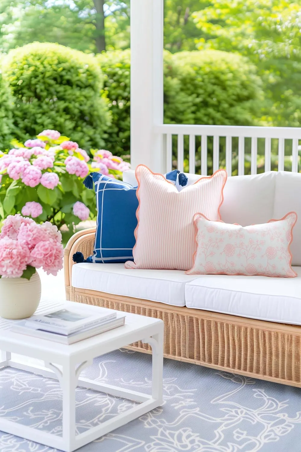 Hofdeco Premium Coastal Patio Indoor Outdoor Scalloped Lumbar Pillow Cover Only, 12"x20" Water Repellent for Backyard, Couch, Blush Pink Print Dahlia Floral