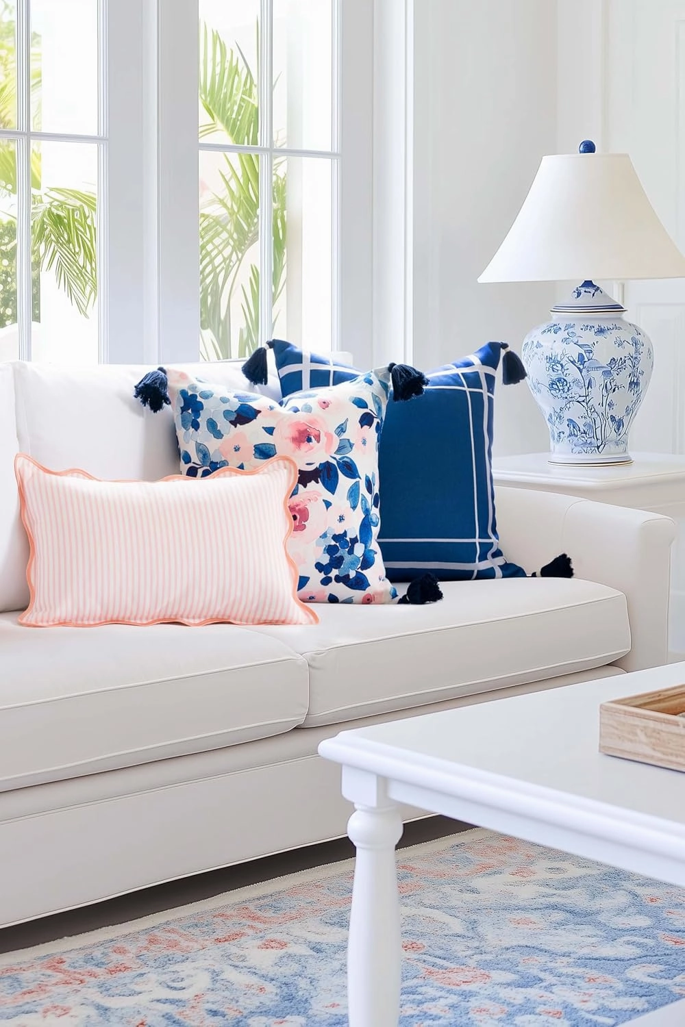 Hofdeco Premium Coastal Patio Indoor Outdoor Scalloped Lumbar Pillow Cover Only, 12"x20" Water Repellent for Backyard, Couch, Blush Pink Print Stripes