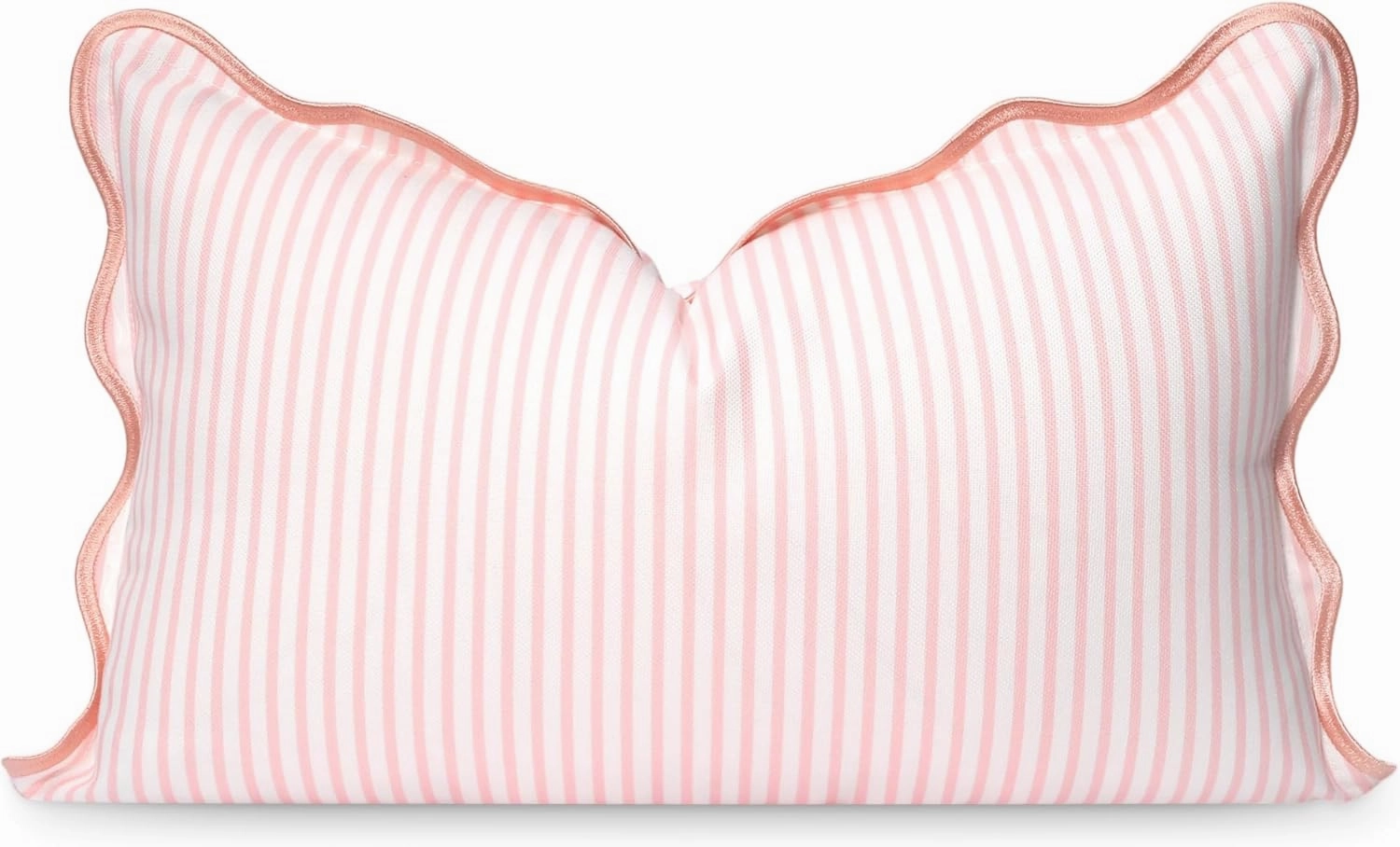 Hofdeco Premium Coastal Patio Indoor Outdoor Scalloped Lumbar Pillow Cover Only, 12"x20" Water Repellent for Backyard, Couch, Blush Pink Print Stripes
