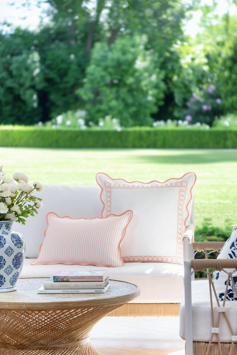 Hofdeco Premium Coastal Patio Indoor Outdoor Scalloped Lumbar Pillow Cover Only, 12"x20" Water Repellent for Backyard, Couch, Blush Pink Print Stripes