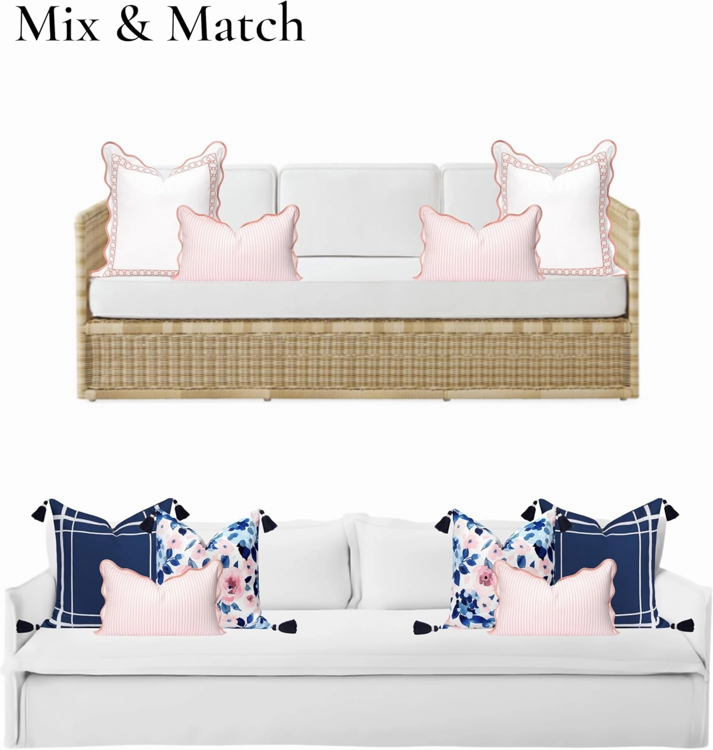 Hofdeco Premium Coastal Patio Indoor Outdoor Scalloped Lumbar Pillow Cover Only, 12"x20" Water Repellent for Backyard, Couch, Blush Pink Print Stripes
