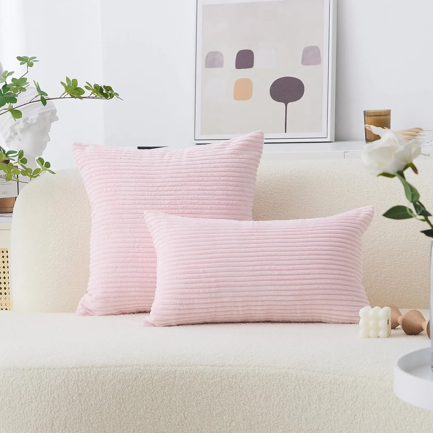 Home Brilliant Decorative Pillow Covers Pink Couch Throw Pillows Sets of 2 Striped Velvet Throw Pillow Covers for Decoration, 55cm, 22 x 22 Inch, Blush Pink