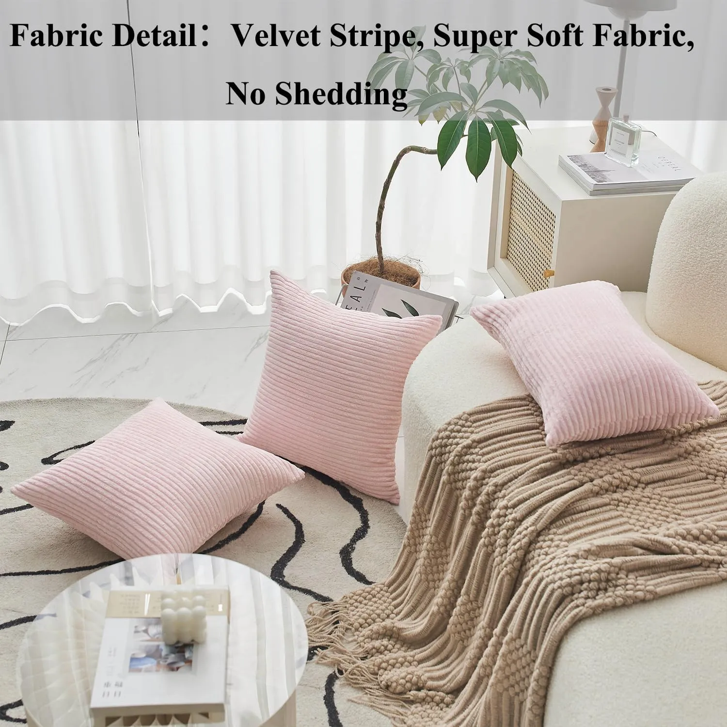 Home Brilliant Decorative Pillow Covers Pink Couch Throw Pillows Sets of 2 Striped Velvet Throw Pillow Covers for Decoration, 55cm, 22 x 22 Inch, Blush Pink
