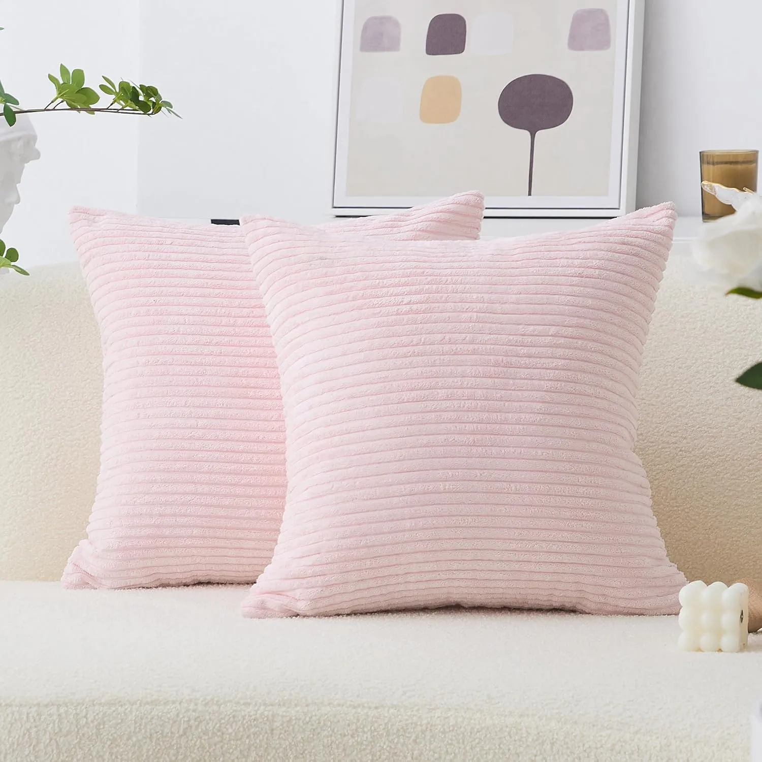 Home Brilliant Decorative Pillow Covers Pink Couch Throw Pillows Sets of 2 Striped Velvet Throw Pillow Covers for Decoration, 55cm, 22 x 22 Inch, Blush Pink