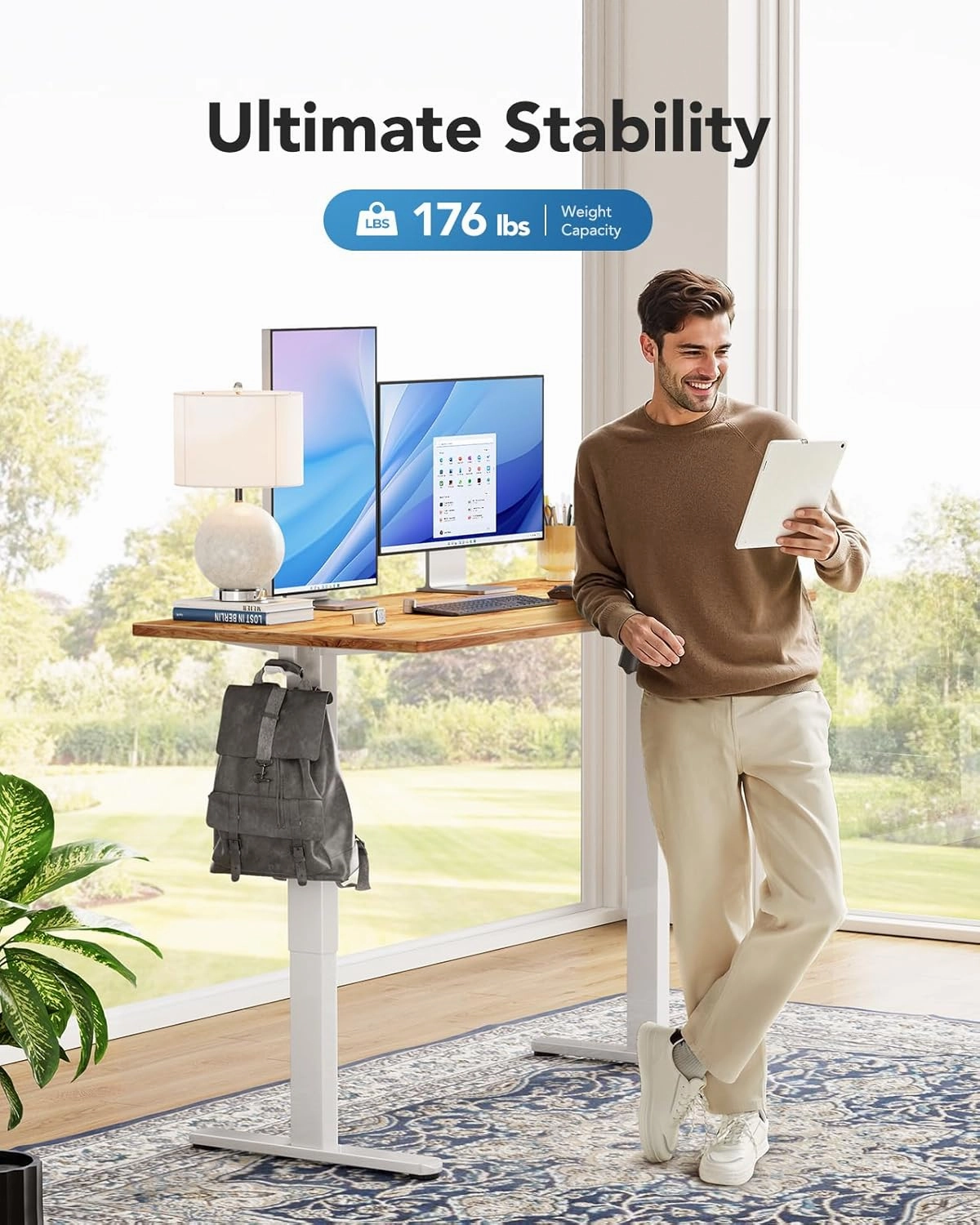 HUANUO Electric Standing Desk, 48" x 24" Whole Piece Desktop, Adjustable Height Computer Desk, 4 Height Memory Settings, Sit Stand Up Desk for Home Office, Light Vintage