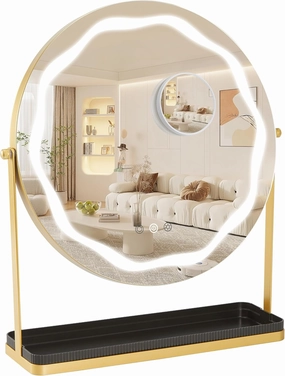 IDEALHOUSE 19" LED Vanity Mirror with Lights, LED Makeup Mirror, Smart Touch Control, 3-Color Dimmable Lighting, 360° Adjustable, with Storage Space Stand for Bedroom, Dressing Table, Gold