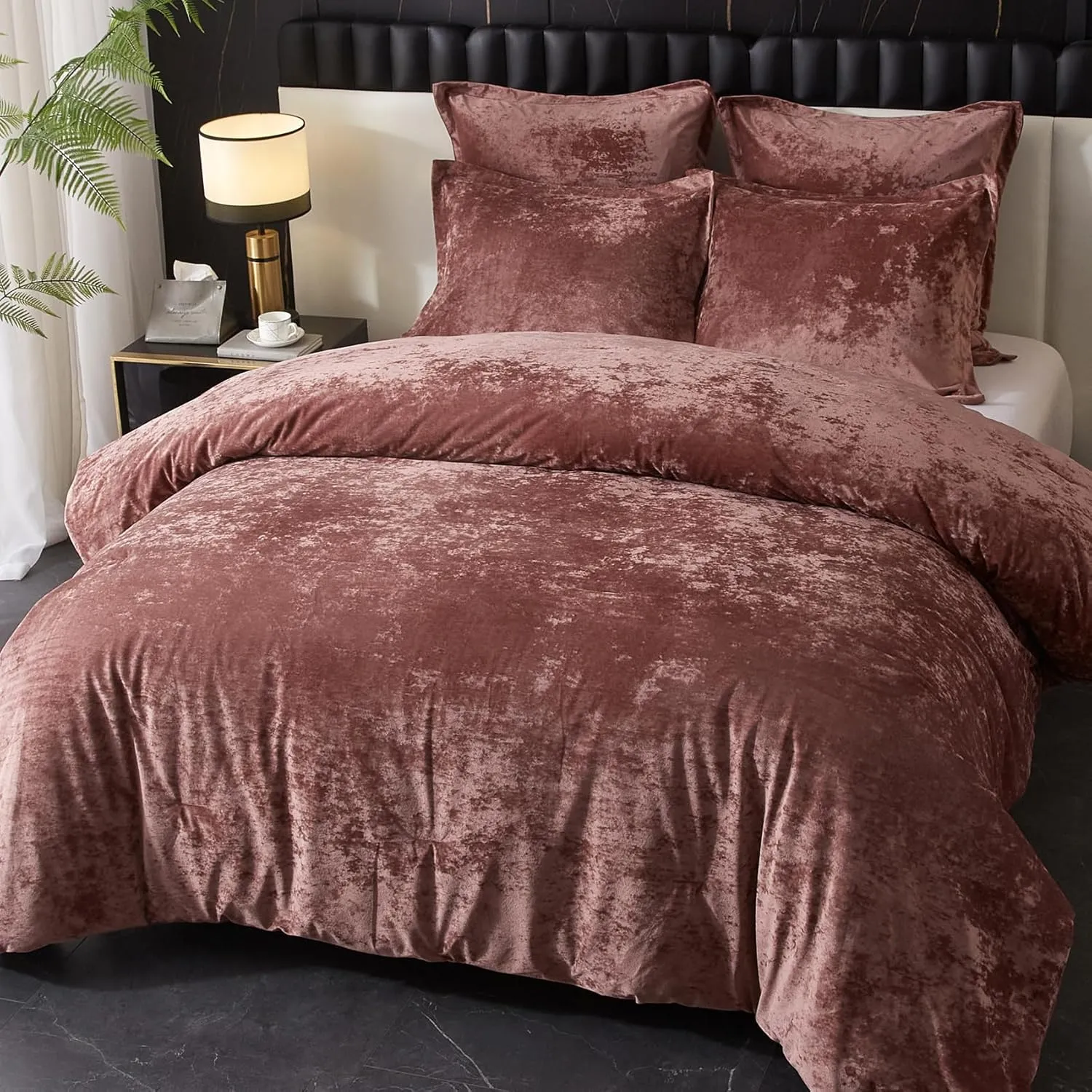 Ivellow Crushed Velvet Comforter Set Queen,Set, 5pcs Ultra SoftPink Luxury Cozy Flannel Queen Size (1 Comforter,2 Pillow Shams, 2 Euro Blush Pink