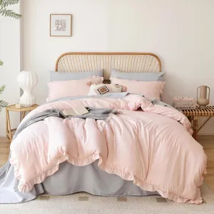 JANZAA Pink Comforter Set Queen 3PCS（1 Ruffled Blush Comforter Set and 2 Pillowcases） Vintage Shabby Chic Bedding Soft Fluffy Comforter Set All Season