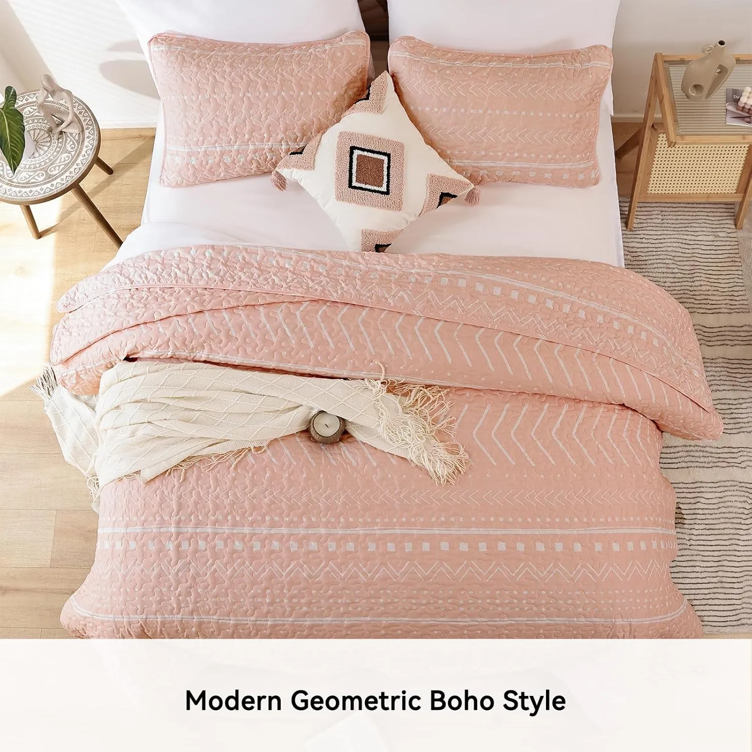 JANZAA Queen Size Quilt Boho Bedding Bedspreads Queen Size Pink Quilt 3PCS with 2 Pillow Cases Reversible Coverlet Bedding Set for All Season