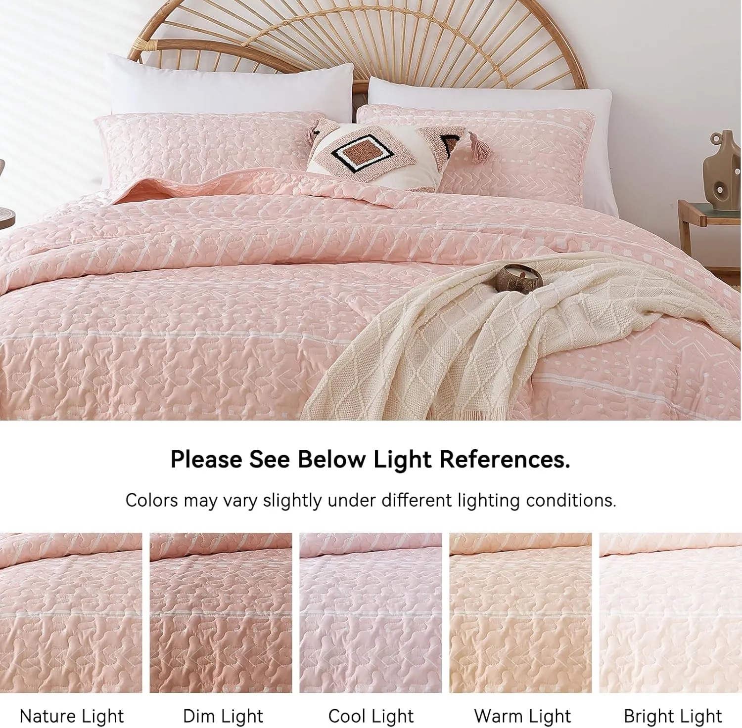 JANZAA Queen Size Quilt Boho Bedding Bedspreads Queen Size Pink Quilt 3PCS with 2 Pillow Cases Reversible Coverlet Bedding Set for All Season