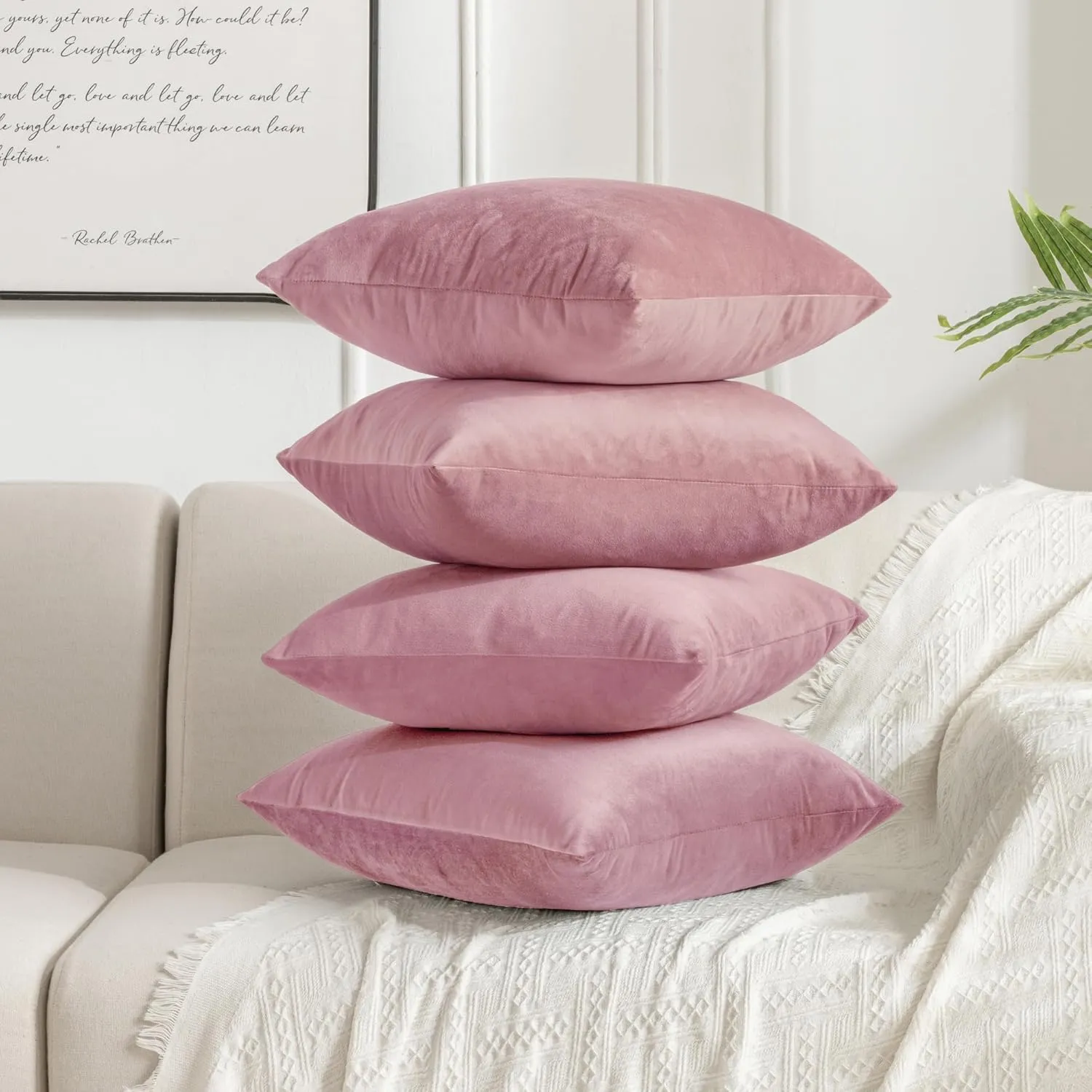JELLYMONI Velvet Throw Pillow Covers Set of 4, 16 x 16 Inch Blush Pink Decorative Cushion Covers, Soft Square Pillowcases for Sofa, Couch, Bed – No Insert Included