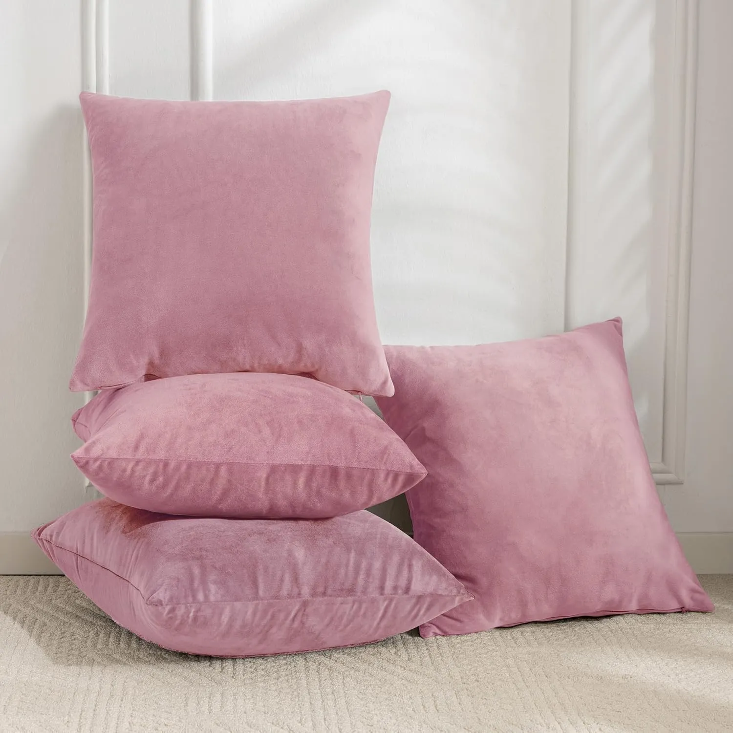 JELLYMONI Velvet Throw Pillow Covers Set of 4, 16 x 16 Inch Blush Pink Decorative Cushion Covers, Soft Square Pillowcases for Sofa, Couch, Bed – No Insert Included