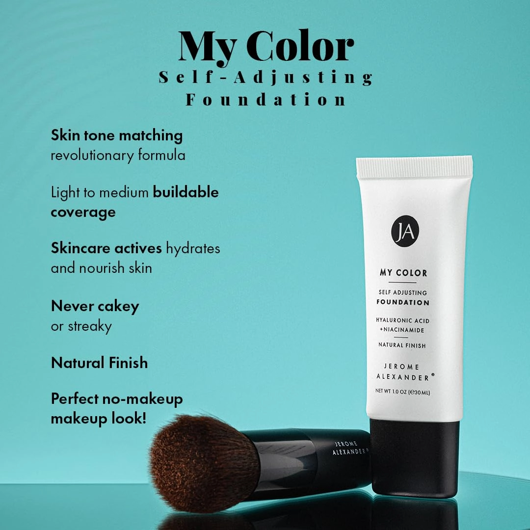 Jerome Alexander My Color Self-Adjusting Foundation, Hydrating & Lightweight Face Makeup, Skincare-Infused, with Kabuki Brush, Medium Dark, 1 oz