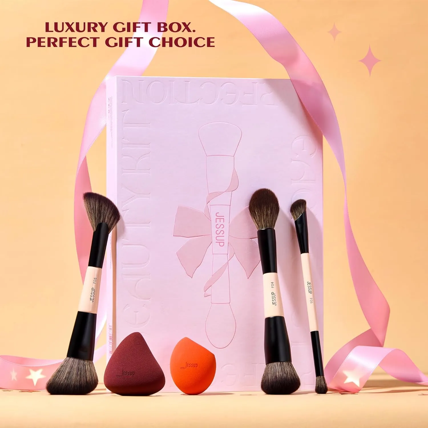 Jessup Makeup Brushes Set with Makeup Sponge, 7pcs Double Sided Makeup Brushes for Foundation Concealer Blush Eyeshadow Contour Bronzer Powder Blending Eyebrow Eyeliner with Gift Box, T506