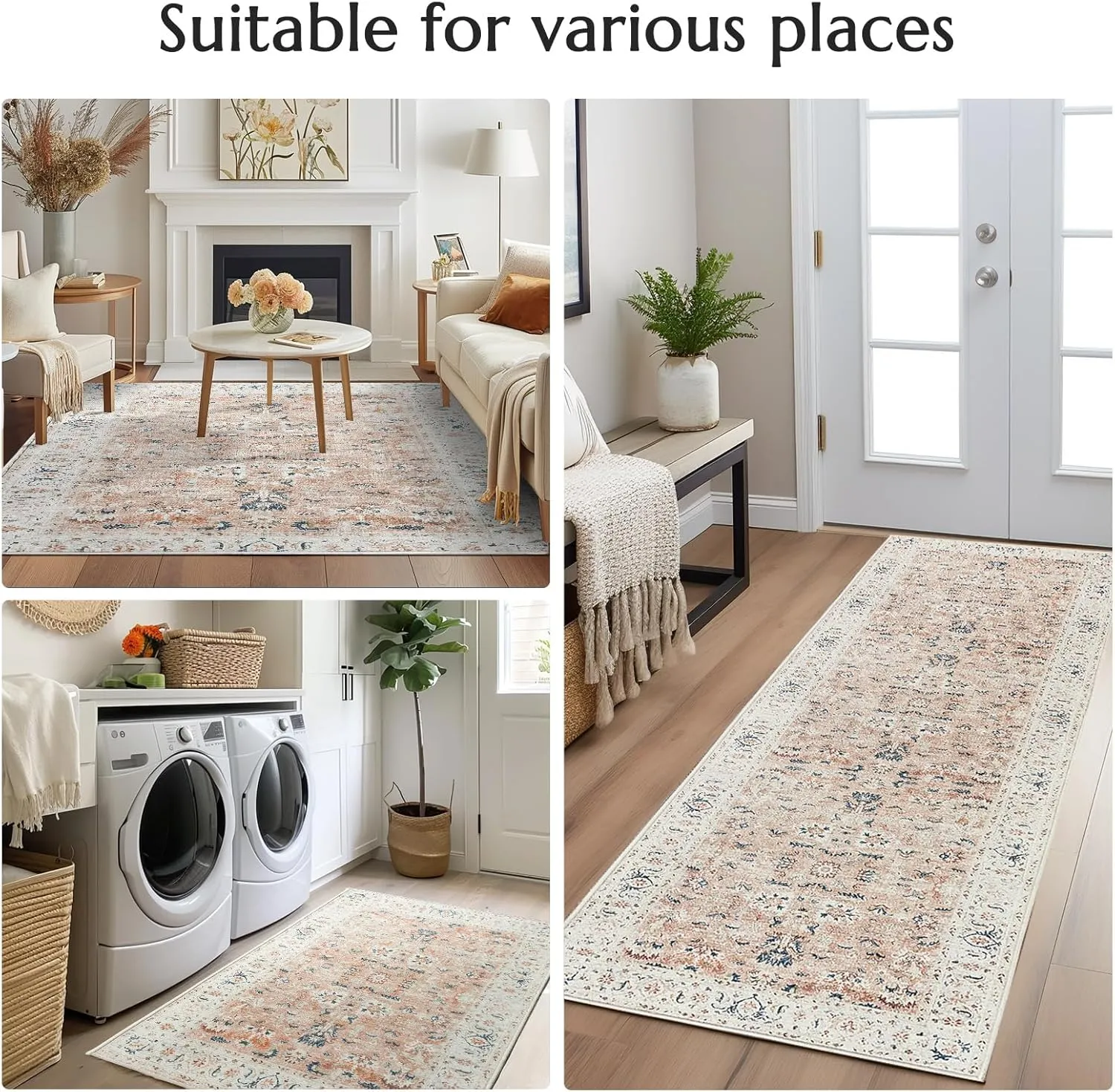 jinchan Runner Rug 2x6 - Hallway Rug Kitchen Washable Runner Vintage Floral Boho Lightweight Thin Non-Slip Retro Distressed Carpet for Entryway Bathroom Bedroom Laundry Room Pink Blush