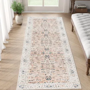 jinchan Runner Rug 2x6 - Hallway Rug Kitchen Washable Runner Vintage Floral Boho Lightweight Thin Non-Slip Retro Distressed Carpet for Entryway Bathroom Bedroom Laundry Room Pink Blush