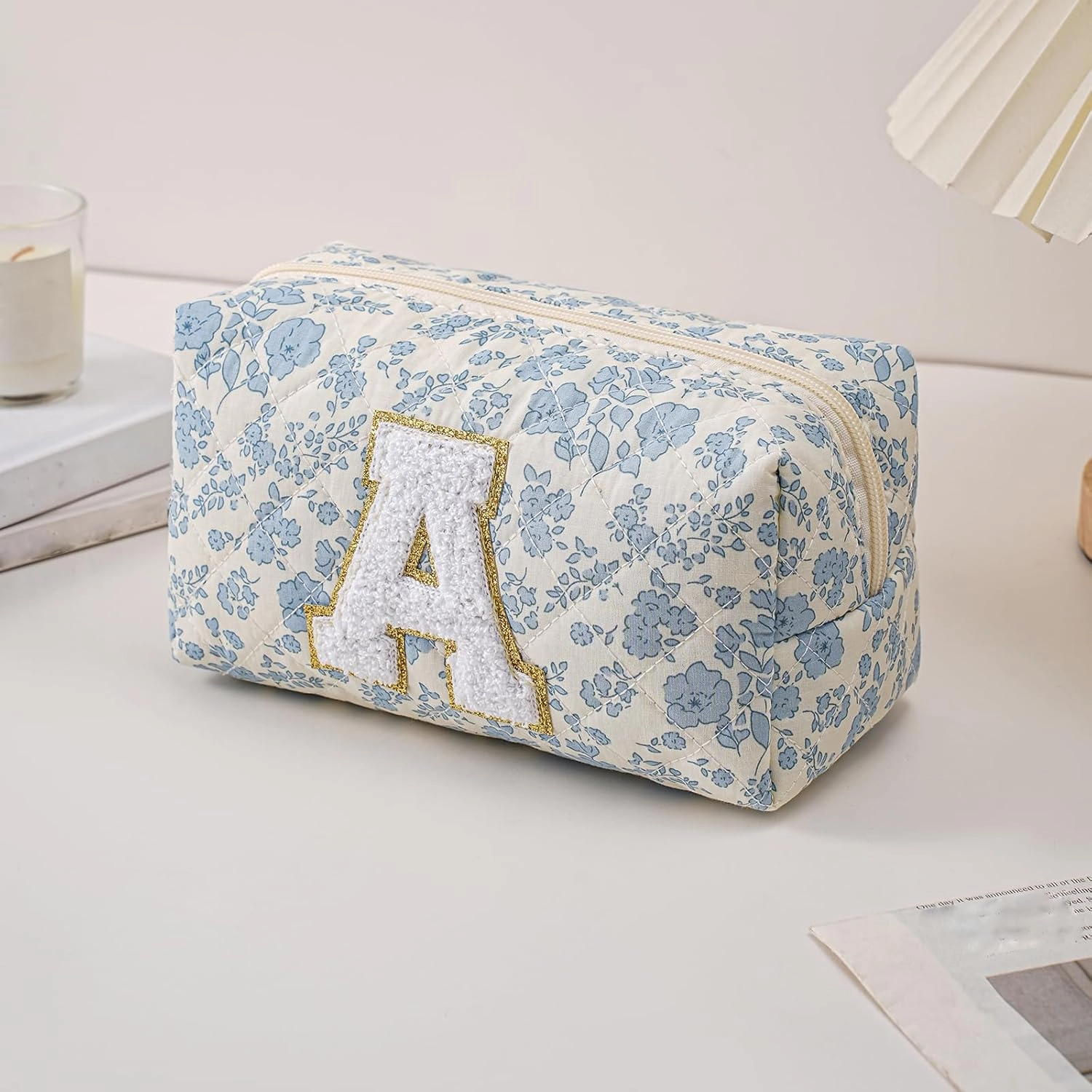 JOVAKIT Alphabet Makeup Bag Cosmetic Bag for Women, Christmas Gifts for Girls Age 6-18, Floral Flowers Coquette Travel Toiletry Zipper Make Up Pouch Organizer Trendy Stuff (2Pcs Blue Floral A)