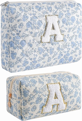 JOVAKIT Alphabet Makeup Bag Cosmetic Bag for Women, Christmas Gifts for Girls Age 6-18, Floral Flowers Coquette Travel Toiletry Zipper Make Up Pouch Organizer Trendy Stuff (2Pcs Blue Floral A)