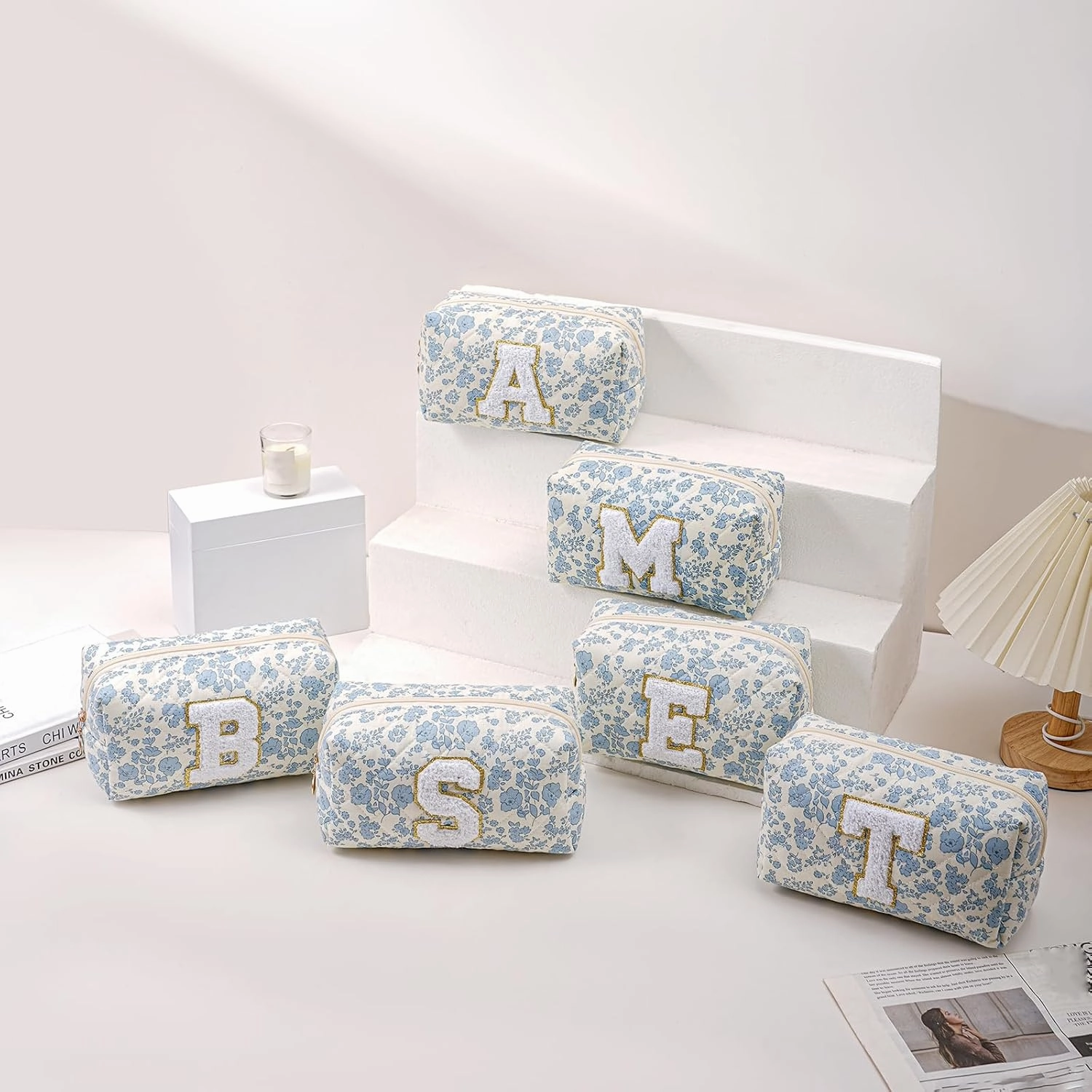 JOVAKIT Alphabet Makeup Bag Cosmetic Bag for Women, Christmas Gifts for Girls Age 6-18, Floral Flowers Coquette Travel Toiletry Zipper Make Up Pouch Organizer Trendy Stuff (2Pcs Blue Floral A)