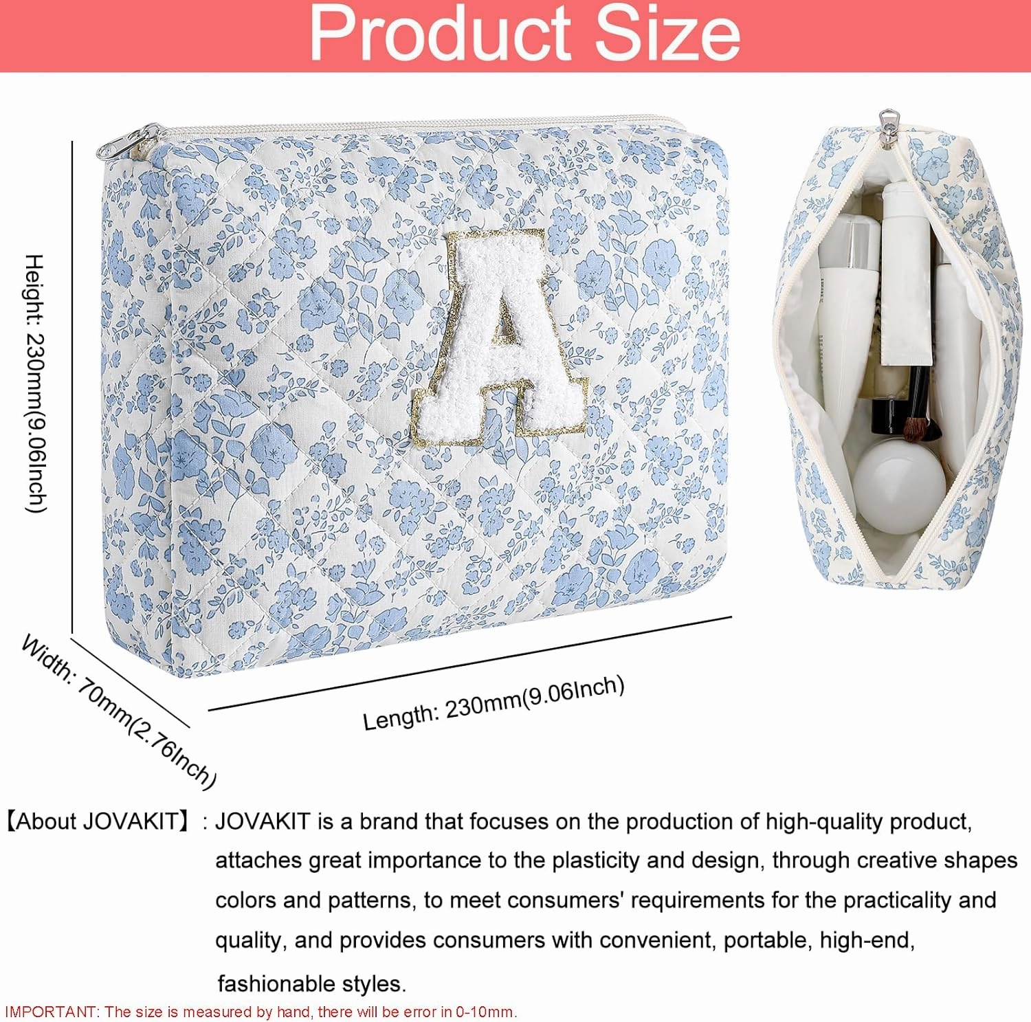 JOVAKIT Alphabet Makeup Bag Cosmetic Bag for Women, Christmas Gifts for Girls Age 6-18, Floral Flowers Coquette Travel Toiletry Zipper Make Up Pouch Organizer Trendy Stuff (2Pcs Blue Floral A)