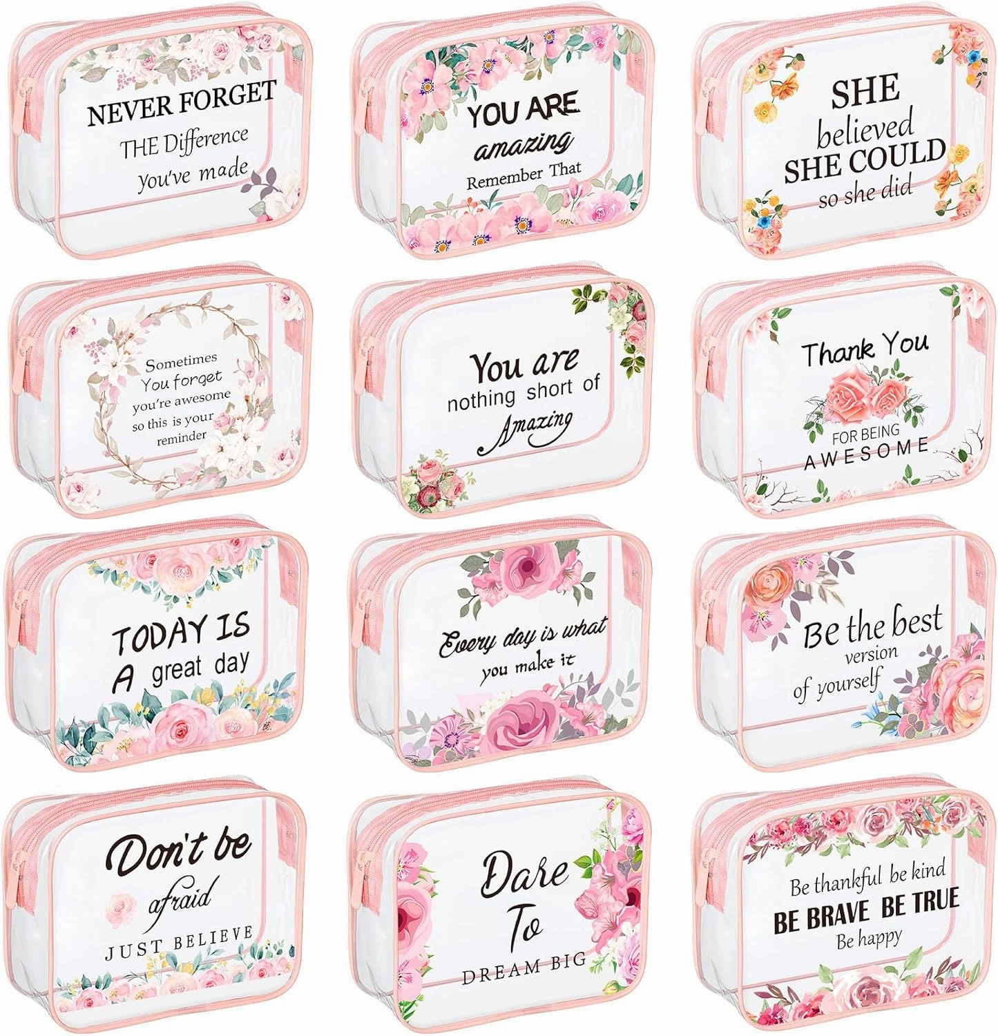 Kacctyen 12 Pcs Clear Makeup Bags Flower Bulk Inspirational Quotes Waterproof Portable with Toiletry Zipper Pink Clear PVC Travel Pouch Encouragement Quotes Bags Appreciation Gift for Mother Nurse