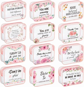 Kacctyen 12 Pcs Clear Makeup Bags Flower Bulk Inspirational Quotes Waterproof Portable with Toiletry Zipper Pink Clear PVC Travel Pouch Encouragement Quotes Bags Appreciation Gift for Mother Nurse