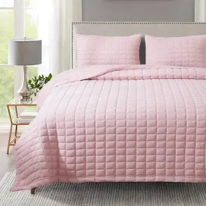 KASENTEX Quilt-Bedding-Coverlet-Blanket-Set, Machine Washable, Ultra Soft, Lightweight, Stone-Washed, Detailed Stitching - Solid Color (Blush Pink, Oversized King   2 King Shams)