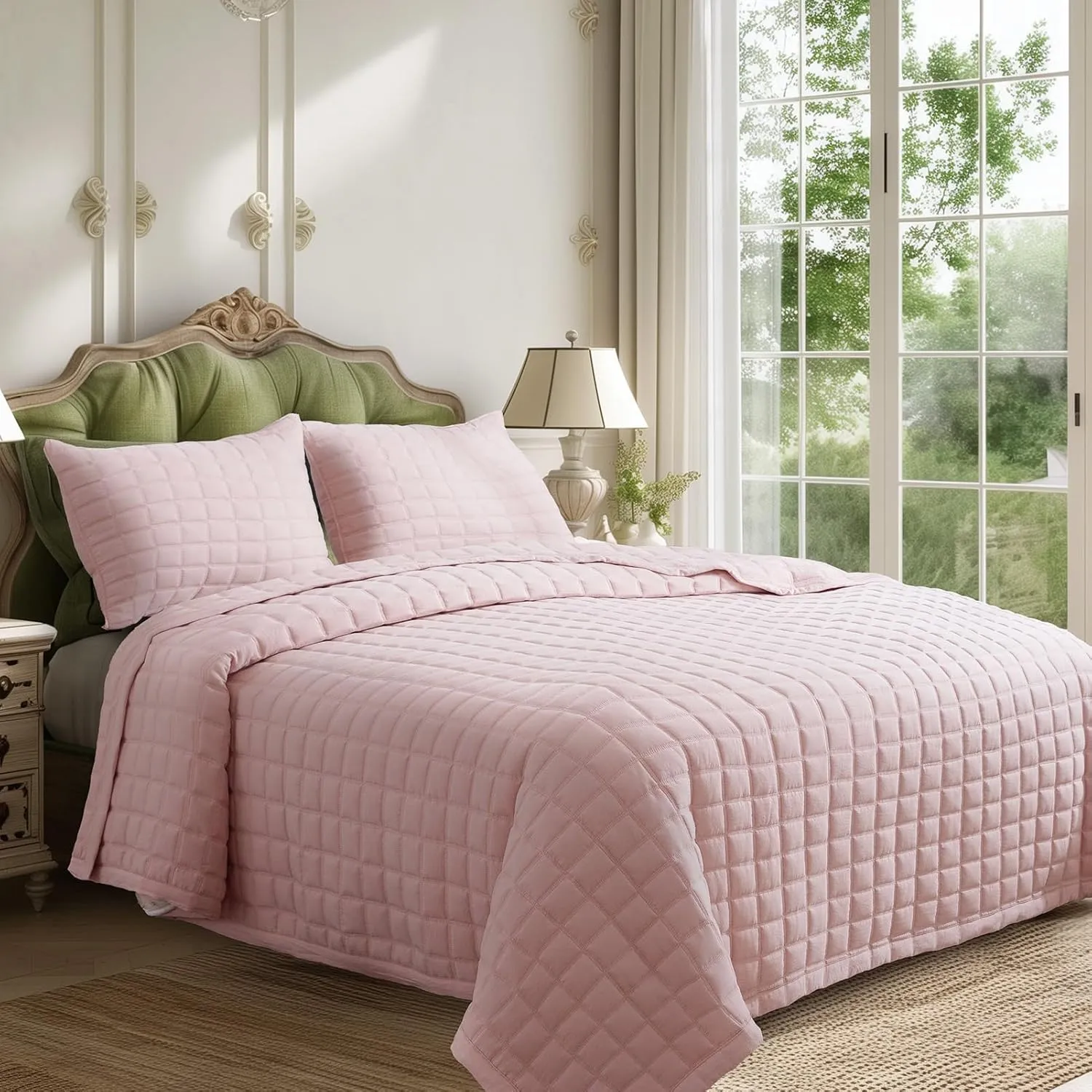 KASENTEX Quilt-Bedding-Coverlet-Blanket-Set, Machine Washable, Ultra Soft, Lightweight, Stone-Washed, Detailed Stitching - Solid Color (Blush Pink with Grey Stitching, King   2 King Shams)