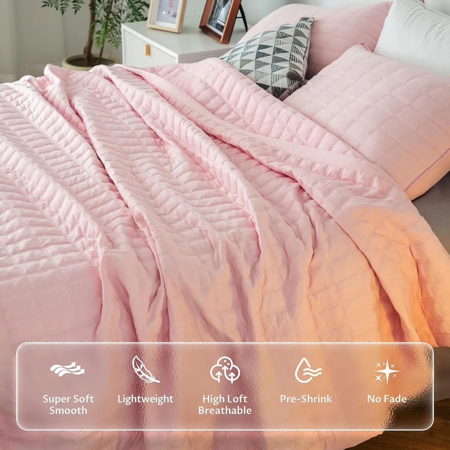KASENTEX Quilt-Bedding-Coverlet-Blanket-Set, Machine Washable, Ultra Soft, Lightweight, Stone-Washed, Detailed Stitching - Solid Color (Blush Pink with Grey Stitching, King   2 King Shams)