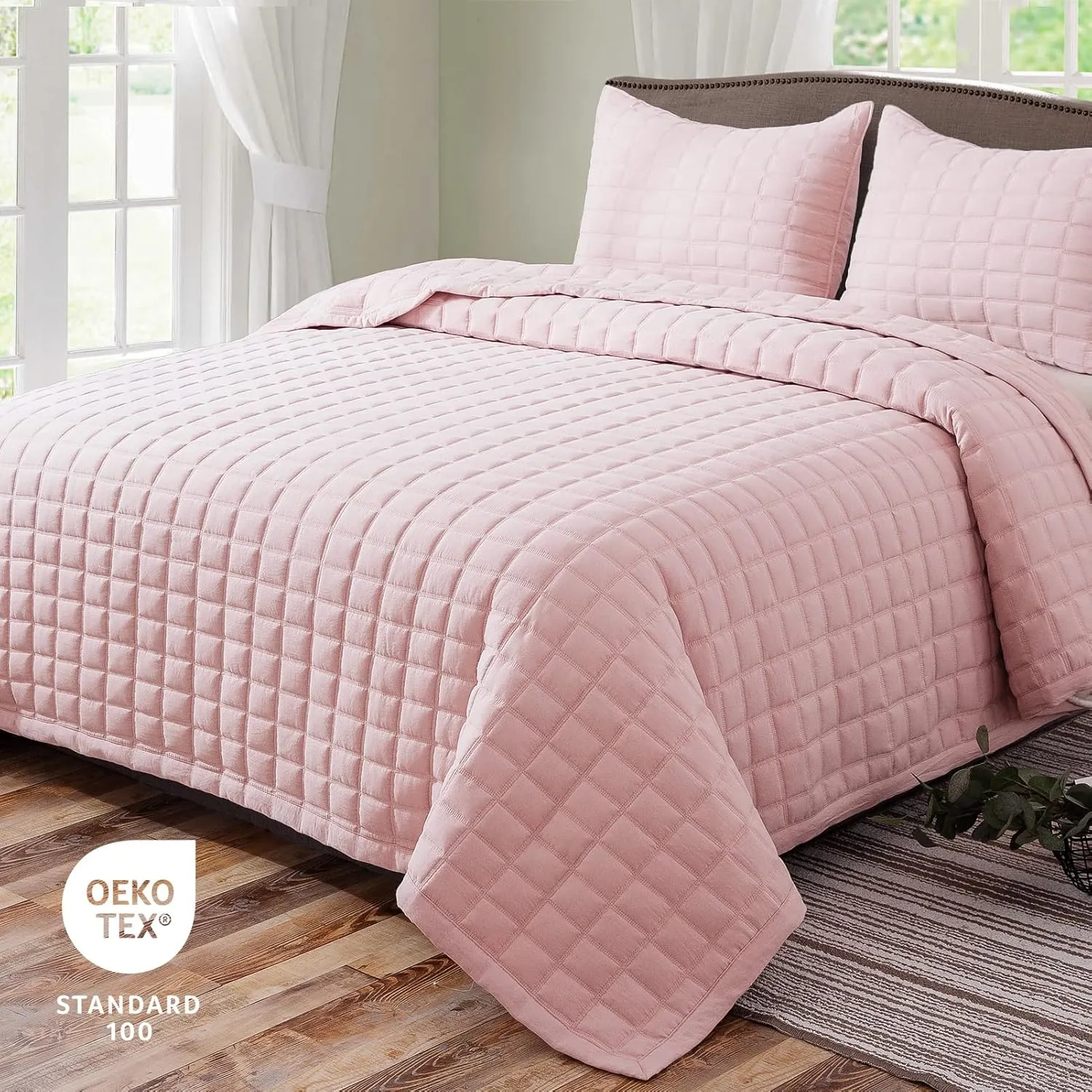 KASENTEX Quilt-Bedding-Coverlet-Blanket-Set, Machine Washable, Ultra Soft, Lightweight, Stone-Washed, Detailed Stitching - Solid Color (Blush Pink with Grey Stitching, King   2 King Shams)