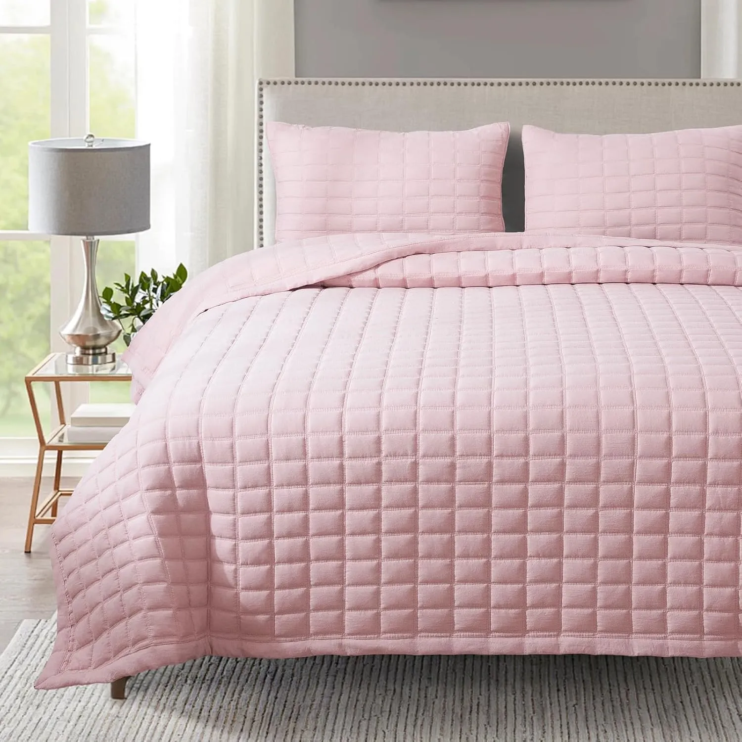 KASENTEX Quilt-Bedding-Coverlet-Blanket-Set, Machine Washable, Ultra Soft, Lightweight, Stone-Washed, Detailed Stitching - Solid Color (Blush Pink with Grey Stitching, King   2 King Shams)
