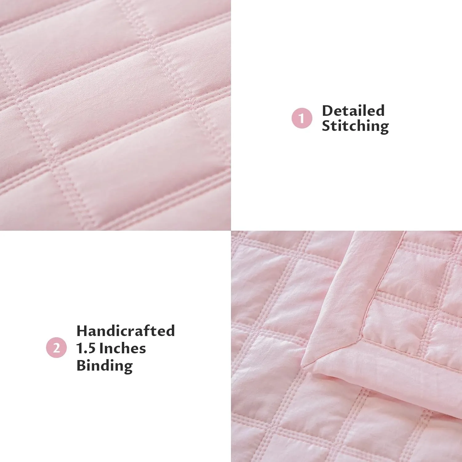 KASENTEX Quilt-Bedding-Coverlet-Blanket-Set, Machine Washable, Ultra Soft, Lightweight, Stone-Washed, Detailed Stitching - Solid Color (Blush Pink with Grey Stitching, King   2 King Shams)