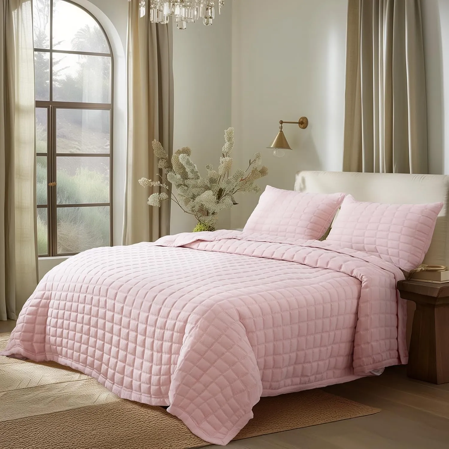 KASENTEX Quilt-Bedding-Coverlet-Blanket-Set, Machine Washable, Ultra Soft, Lightweight, Stone-Washed, Detailed Stitching - Solid Color (Blush Pink with Grey Stitching, King   2 King Shams)