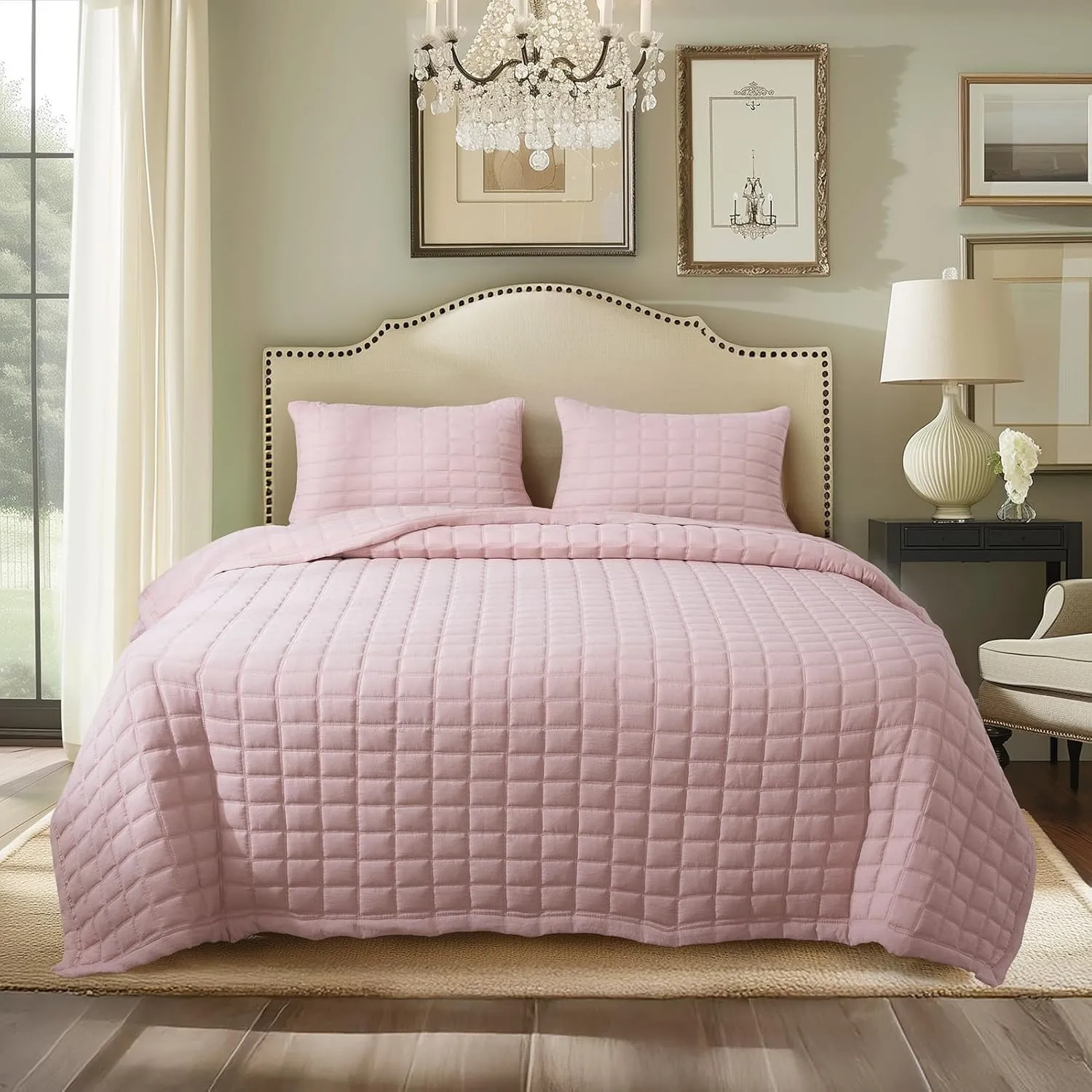 KASENTEX Quilt-Bedding-Coverlet-Blanket-Set, Machine Washable, Ultra Soft, Lightweight, Stone-Washed, Detailed Stitching - Solid Color (Blush Pink with Grey Stitching, King   2 King Shams)