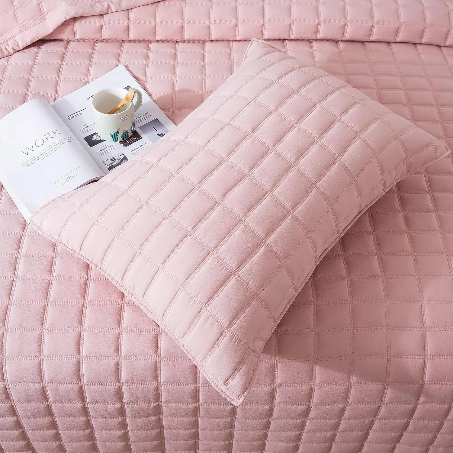 KASENTEX Quilt-Bedding-Coverlet-Blanket-Set, Machine Washable, Ultra Soft, Lightweight, Stone-Washed, Detailed Stitching - Solid Color (Blush Pink with Grey Stitching, King   2 King Shams)
