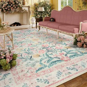 Lahome Boho Pink and White Area Rugs 9x12 Living Room, Washable Floral Large Area Rugs for Bedroom, Soft Non-Slip Thin Carpet for Nursery Kids Playroom Home, Blush