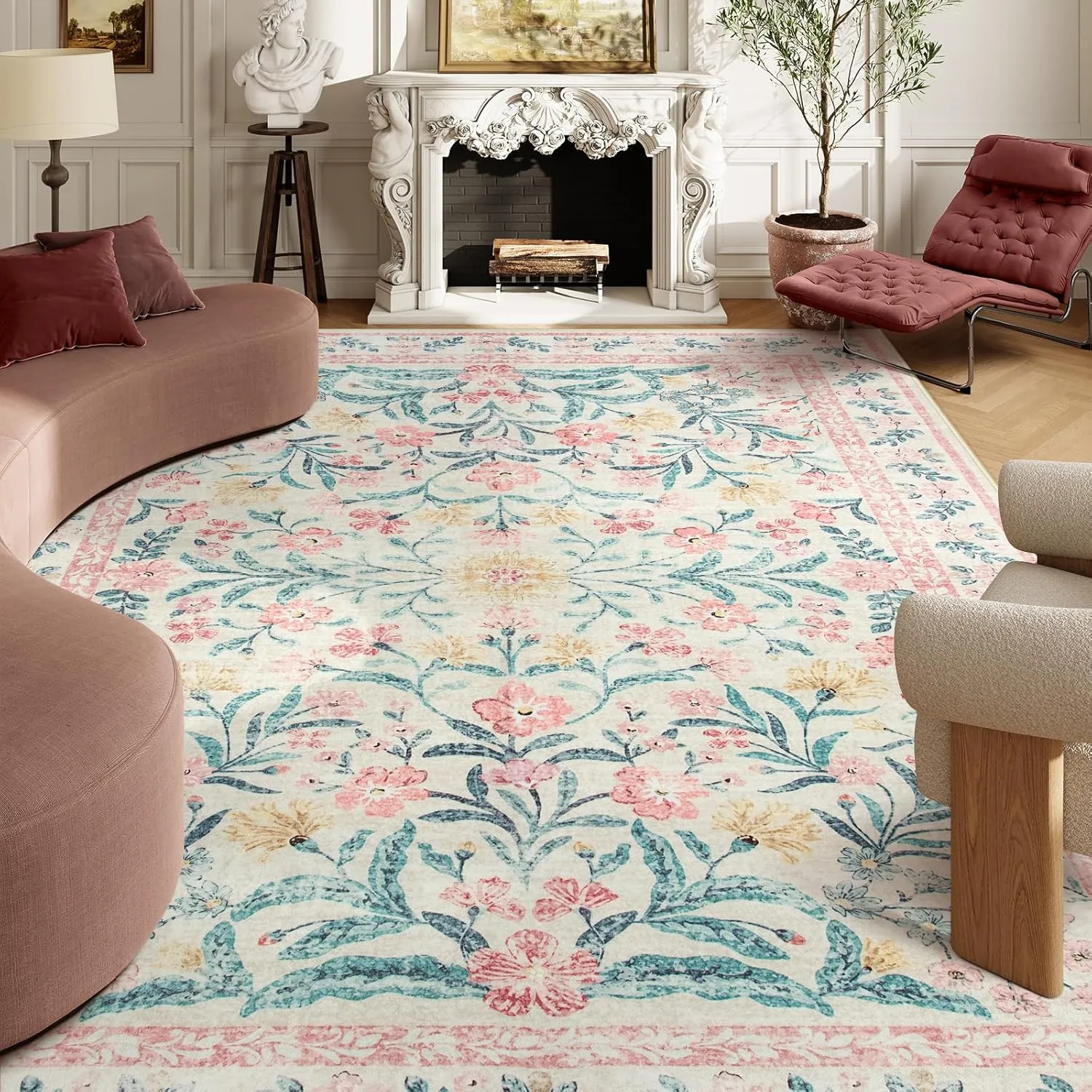 Lahome Boho Pink and White Area Rugs 9x12 Living Room, Washable Floral Large Area Rugs for Bedroom, Soft Non-Slip Thin Carpet for Nursery Kids Playroom Home, Blush
