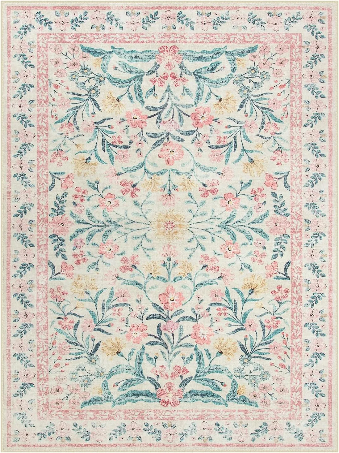 Lahome Boho Pink and White Area Rugs 9x12 Living Room, Washable Floral Large Area Rugs for Bedroom, Soft Non-Slip Thin Carpet for Nursery Kids Playroom Home, Blush