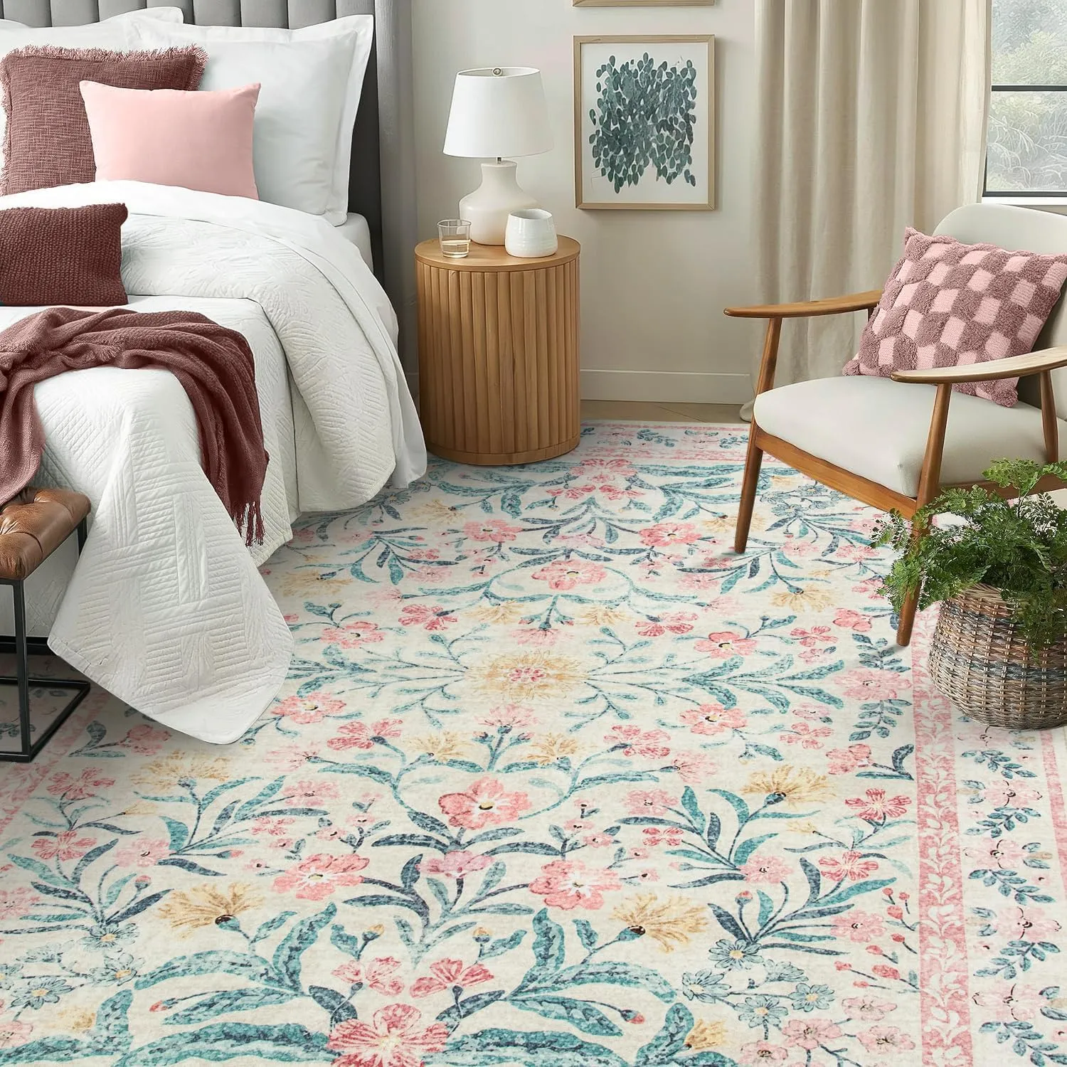 Lahome Boho Pink and White Area Rugs 9x12 Living Room, Washable Floral Large Area Rugs for Bedroom, Soft Non-Slip Thin Carpet for Nursery Kids Playroom Home, Blush