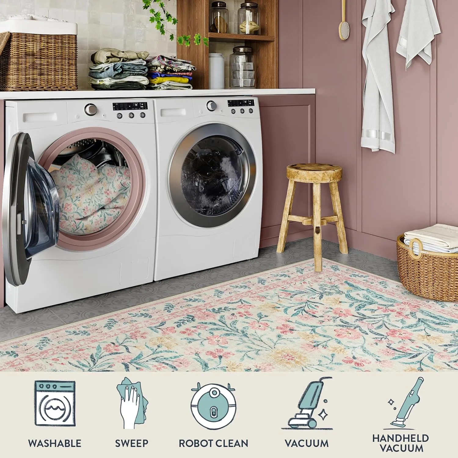 Lahome Boho Pink and White Area Rugs 9x12 Living Room, Washable Floral Large Area Rugs for Bedroom, Soft Non-Slip Thin Carpet for Nursery Kids Playroom Home, Blush