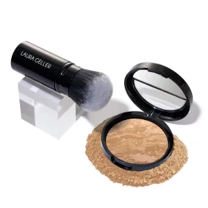 LAURA GELLER NEW YORK Get Glowing Kit (2pc): Baked Balance-n-Glow Illuminating Powder Foundation, Golden Medium   Airbrush Kabuki Makeup Brush