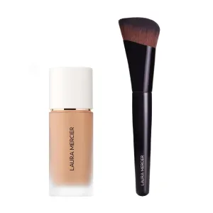 Laura Mercier Real Flawless Weightless Perfecting Waterproof Liquid Foundation: Medium-Buildable Coverage, 12 HR Fade-Proof Wear, Hydrating, Non-Comedogenic, 4C0 Chestnut   Foundation Brush Bundle