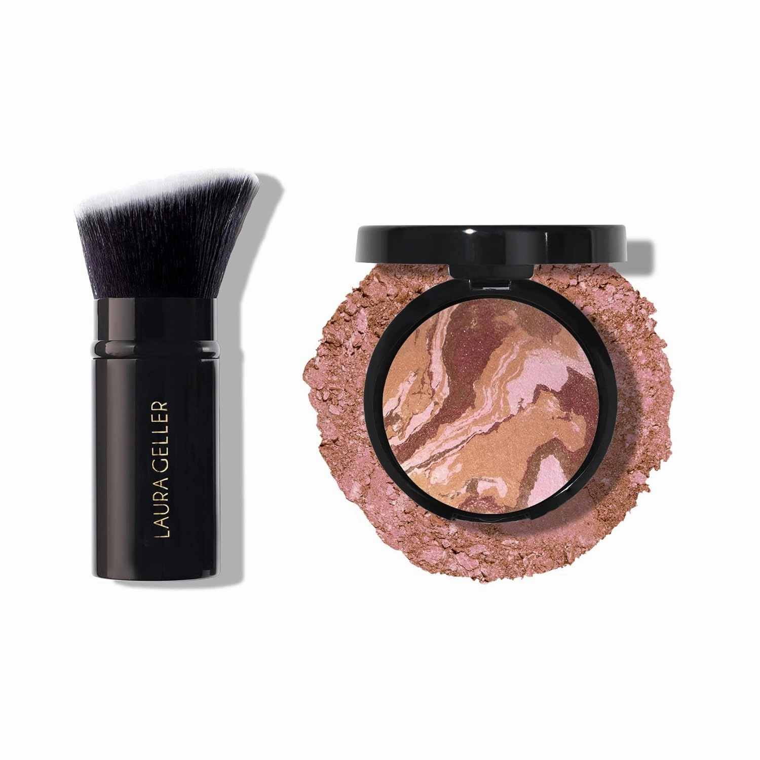 LAURA GELLER NEW YORK Baked Blush-n-Bronze 2-in-1 Bronzer Blush, Earthy Bronze   Retractable Angled Kabuki Brush