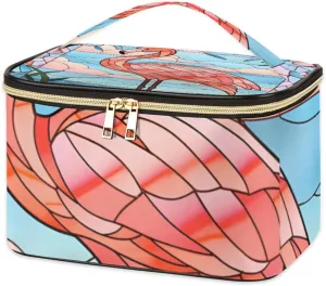 Leather Travel Makeup Bag Large Portable Cosmetic Organizer Bags for Women Cute Skincare Toiletry Case Big Makeup Brush Pouch Pink Flamingo Bright Stained Glass Window