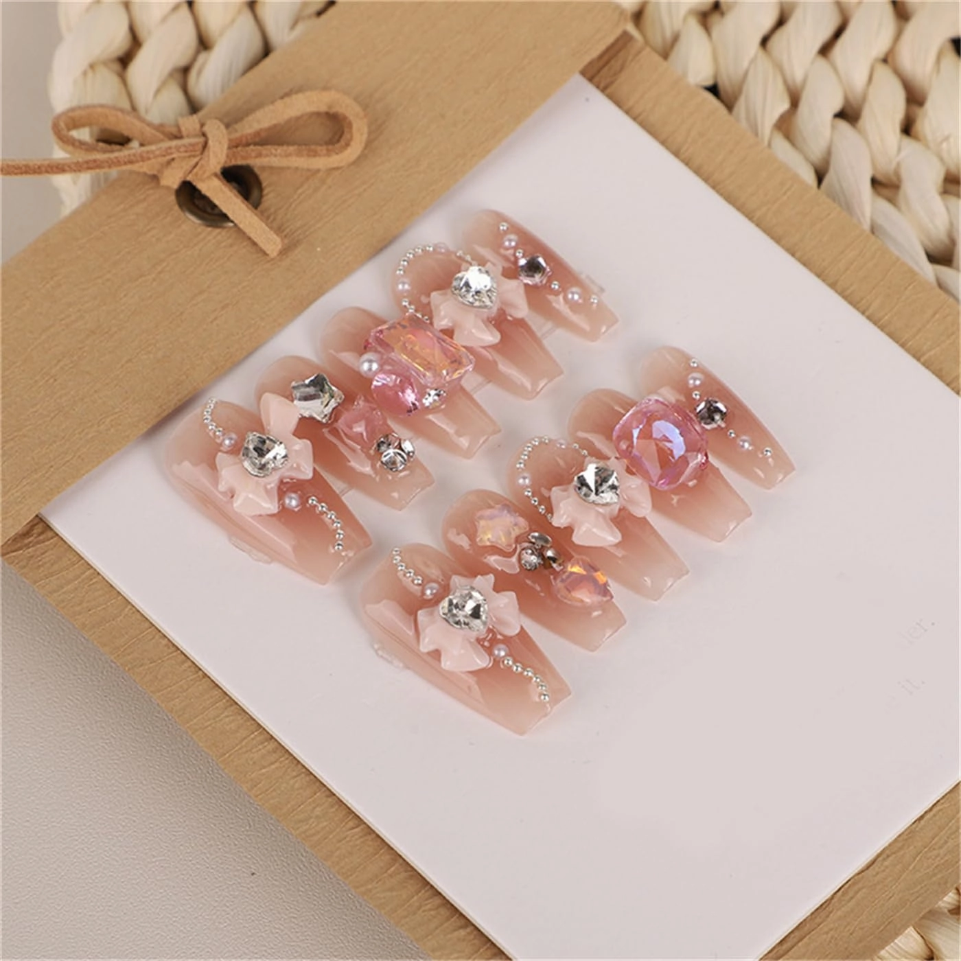 Light Luxury Handmade Nails Sweet Pink Blush Coffin Press on Nails Tips Nail Art Decoration for Women and Girls Manicure 10PCS (M)
