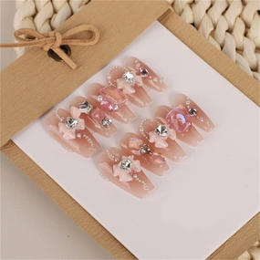 Light Luxury Handmade Nails Sweet Pink Blush Coffin Press on Nails Tips Nail Art Decoration for Women and Girls Manicure 10PCS (M)