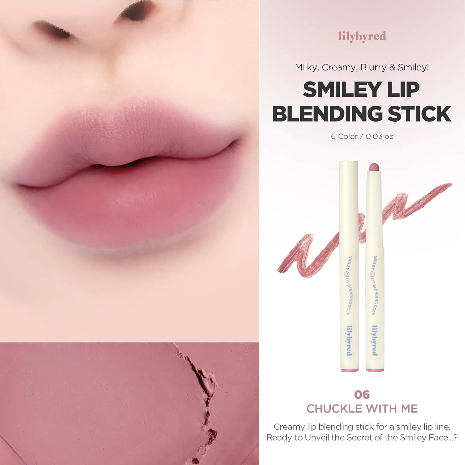 lilybyred Smiley Lip Blending Stick | Korean 3-in-1 Multi-Use Lip Liner, Smooth Creamy Texture, Long-Lasting Matte Finish, Soft Blur Effect, Precision Contour Pencil, 0.028 oz. (06 Chuckle with me)