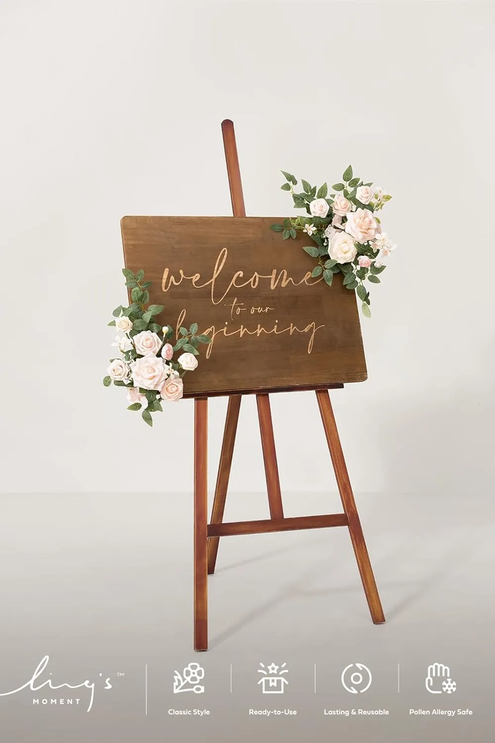 Ling's Moment 2pcs Wedding Floral Swag Welcome Sign Artificial Flowers Backdrop Garland Blush & Cream Ceremony Reception Wall Home Decorations Entryway Faux Outdoor Board Head Table Decor